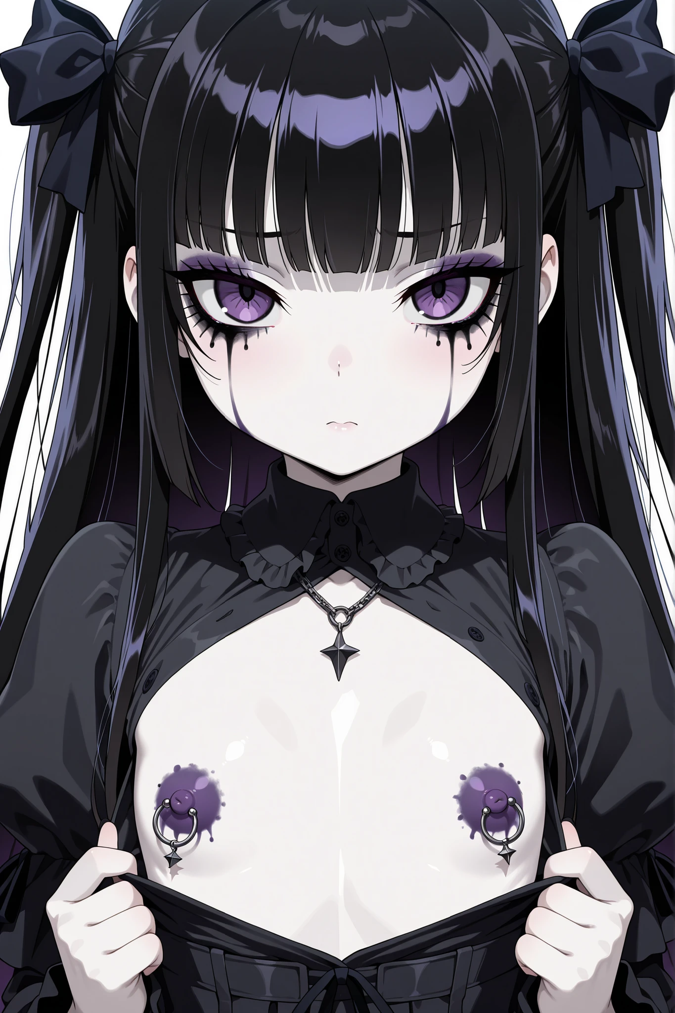 Hentai, nude body, sexy pose, fade purple and black hair color, purple eyes, anime chan, anime, ahegao, black nail, slender body, high detailed