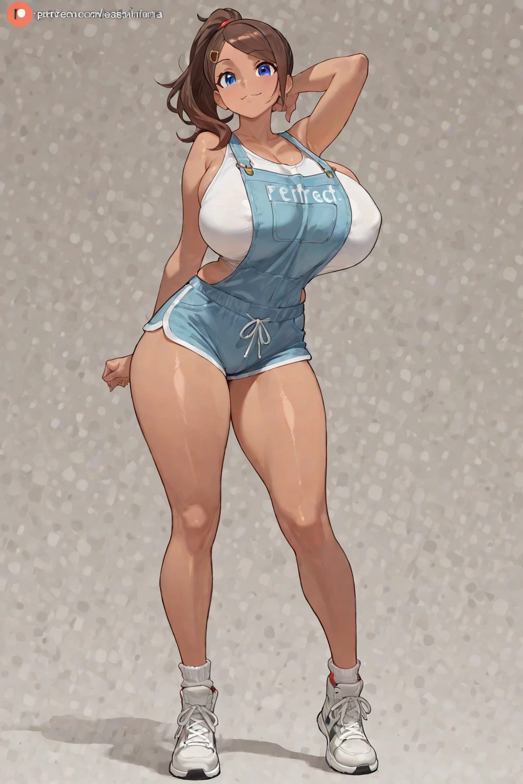 1woman, wavy brown hair, Closed eyes , Sly face , smirk , white tank tops , gray underwear , tummy, large boobs, elongated legs , Arm lift , stretch oneself , barefoot , Abandoned factory, nighttime