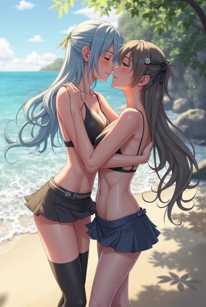 Una lesbiana (cabello blanco largo) sentada en una esquina de la piscina (abriendo las piernas)(desnuda) , pechos grandes,culo grandes y muslos muy grandes,ahora que se este besando con su novia,pechos grandes,muslos muy grandes (desnuda) que se esten besando