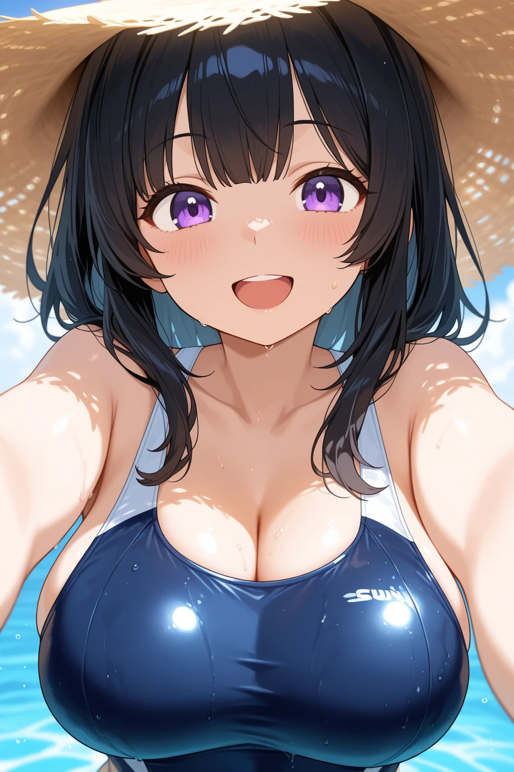 ((kancolle, ushio)), (((large breasts))), breast bags, ((nude, nipples, sheer thin pubic hair, )), wet skin, double bust, groin, navel, cleavage, sunlight, from the center front, looking at the viewer, plump body, being stumpy, (short body, short legs, short arms), young girl, from center below, Embarrassed, shy, hiding her big breasts with one arm, I sharped cleavage, too sweat, cleavage drip on sweat, undressing one-piece swimsuit,