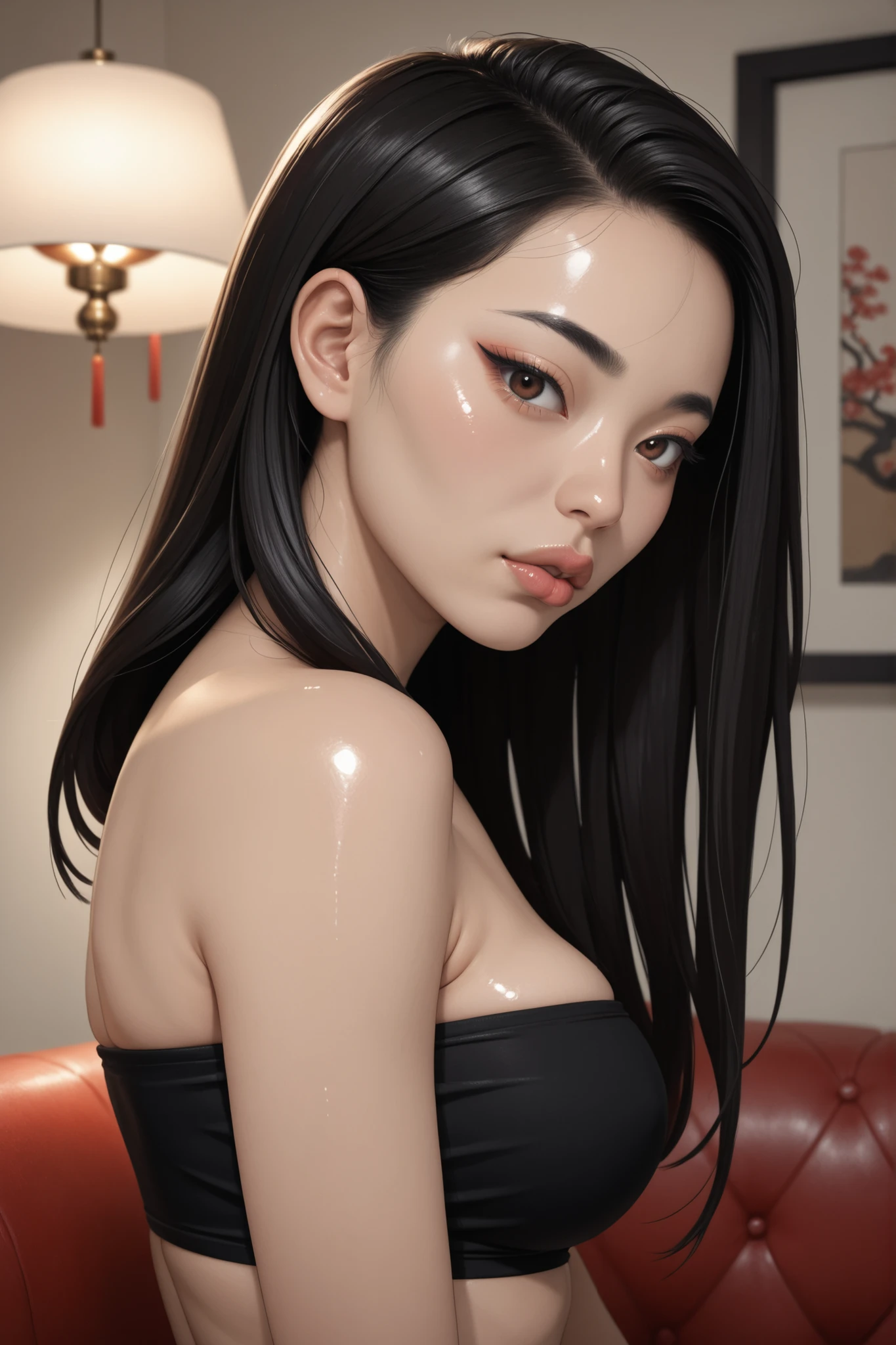 perfect face, ((long bob hair)), ((forehead)), black hair, black eyebrows, (thin eyebrows), brown eyes, black eyeliners, nose, (thick lips), (female beautiful), medium breasts, (shiny black tube top), ((female asian, face asian)), (from side, looking at me), livingroom, beautiful livingroom, ((shiny skin))