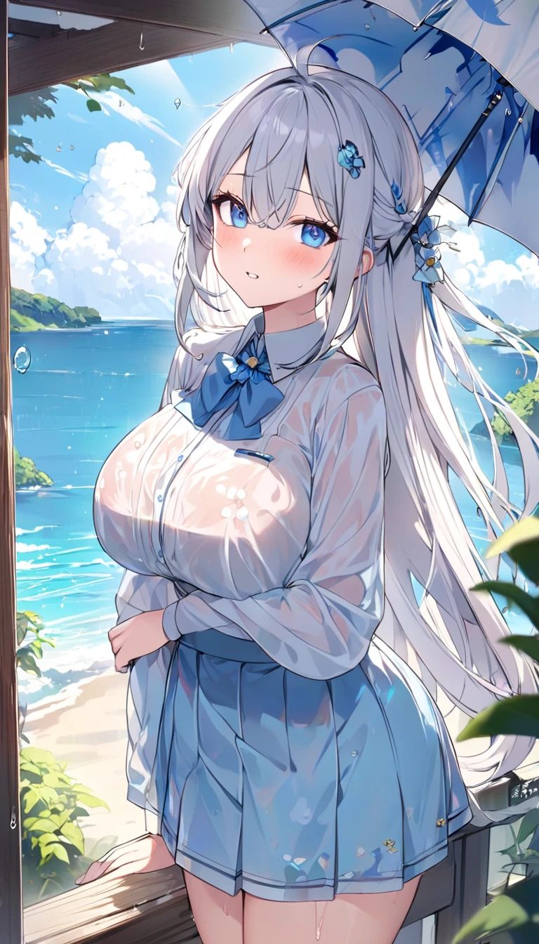1girl, bikini, cleavage, hair ornament, hat, huge breasts, long hair, looking at viewer, navel, purple eyes, see-through, solo, sun hat, swimsuit, white bikini, yorktown ii \(azur lane\), dishwasher1910, <lora:yorktownIIAzurLane_v10:0.6> <lora:dishwasher1910Style_v10:0.5>