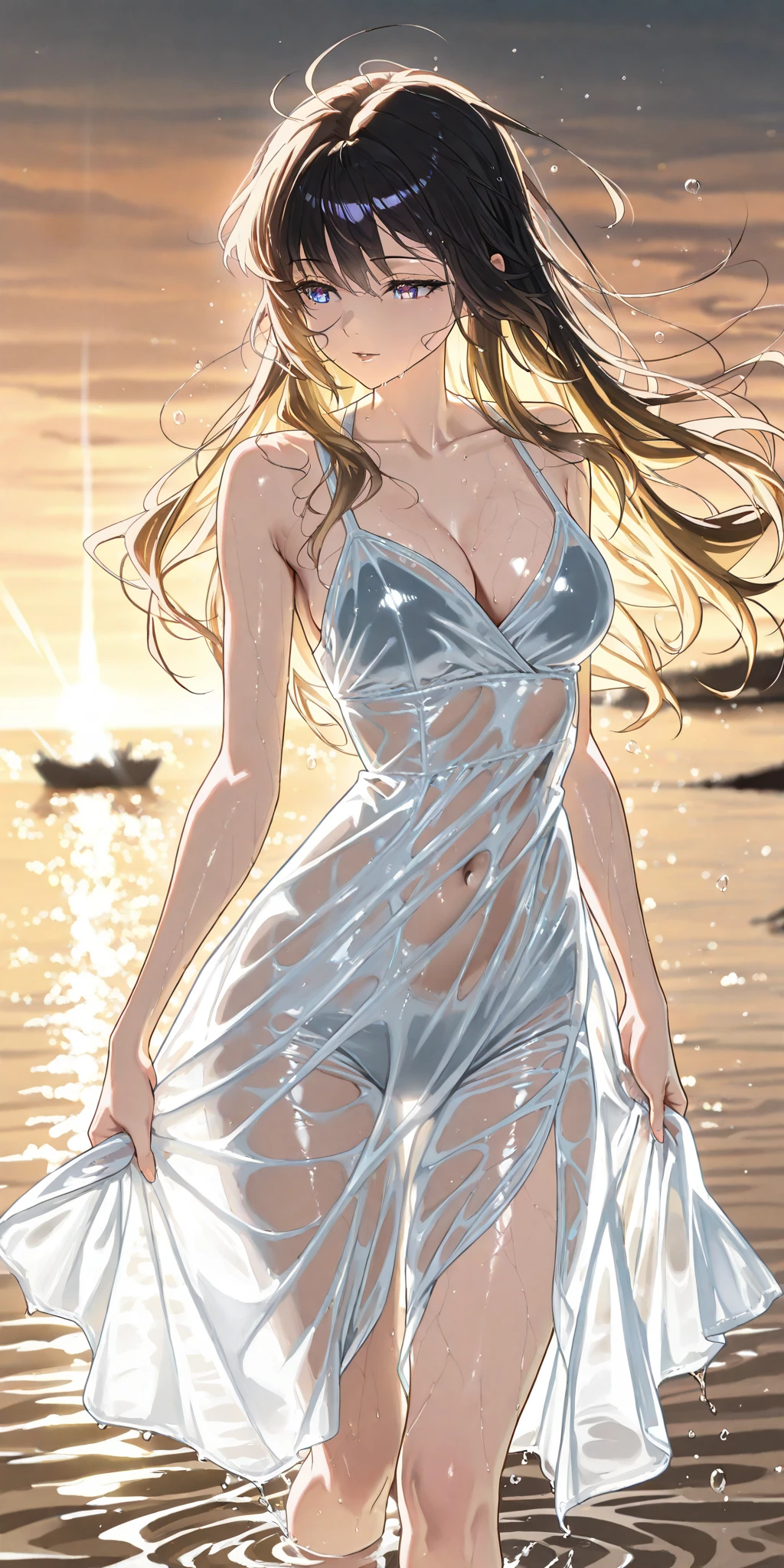 ( Absurd , high quality , Super detailed, Watch your hands )Zodiac sign - Gemini Goddess , Similar to the goodness of Latin , alone .  Curious, Skillful, Humorous, Fascinating, Imaginative faces , Sometimes unrealistic, Restless, Nervous, Careless style , mature , Light brown eyes , Long Hair , Light blonde hair , Transparent Dress , Lace Lingerie , In the windy sea , whole body , Sexy expression ,