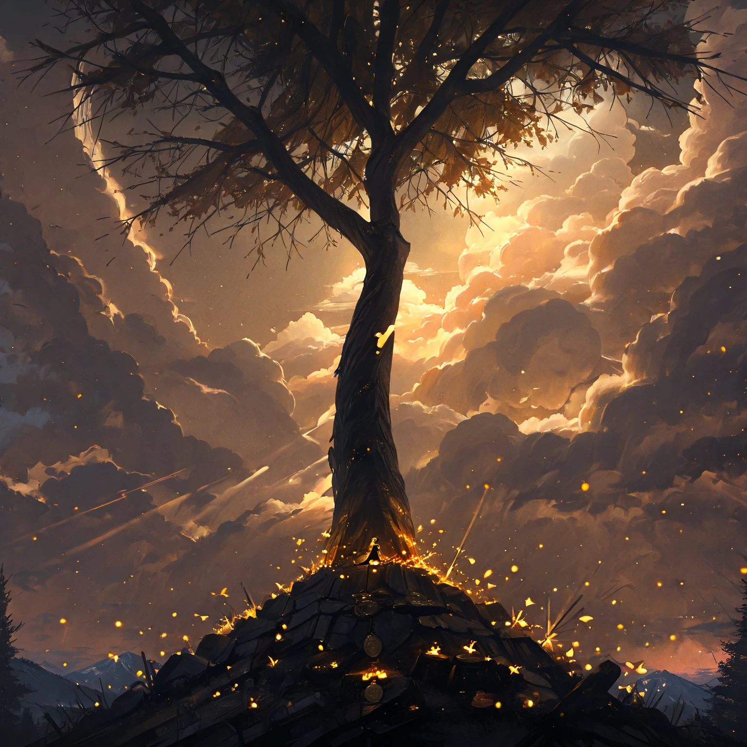 (masterpiece, best quality, ultra-detailed, award-winning concept art), a breathtaking, cinematic fantasy scene of a colossal majestic tree with glowing roots, perched atop a floating stone island, centered perfectly in the frame. Surrounded by misty air and magical particles. Distant mountain range fades into the sunrise mist. (golden hour dawn sky, dramatic cloud layering, soft sunbeams). The tree’s leaves shimmer with mystical aura, light shafts filtering through branches. (colored volumetric lighting, rim light, under lighting) create intense atmosphere. Painterly brushstroke texture and digital art finesse, with atmospheric depth, layered composition, ethereal ambiance. (zoom lens depth of field, pro cinematic composition, fantasy world). Light FX, glow embers, enchanted mood. Concept art style inspired by (Polyfjord, Unreal Engine 5, Ghibli painterly, Arcane, D&D book covers)