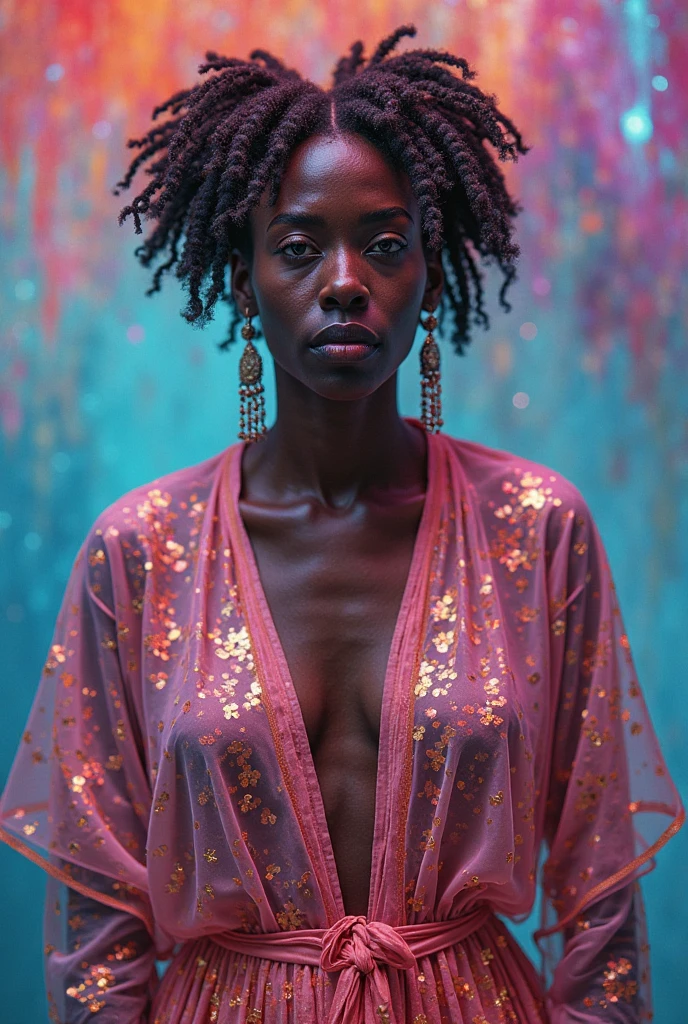 Mulher jovem negra de cabelos enrolados, vestida como Daenerys Targaryen, Beautiful, atraente, paquera, (((visible whole body))), Olhando para o Viewer, retrato, fotografia, pele detalhada, Realistic, fotorrealista, 8k, altamente detalhado, quadro de corpo inteiro, Arte nas cores teal e laranja, RAW de alto detalhe, penetrante, soft and diffuse lighting, profundidade de campo rasa, foco nítido, Hiper-realismo, Cinematic lighting