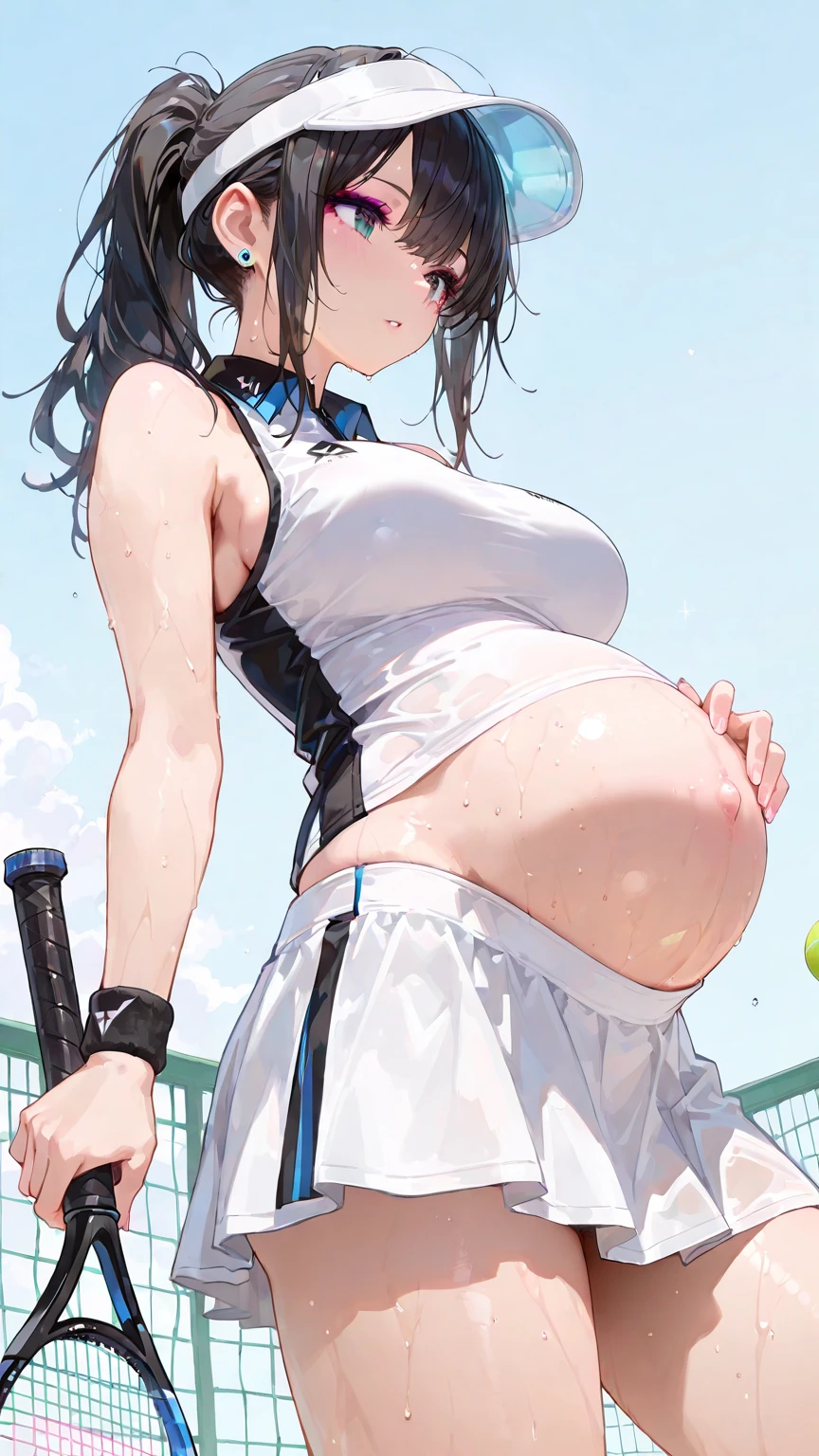 2 Asian girls, both farting together side by side, desperate to poop, farting while sitting in car, sitting down, wearing sports outfit, stomach bloated, hangs holding stomach, pained expression, shocked and embarrassed, mouth open in shock, sweating, blushing, beautiful and cute face, anime art style, fit body, tall and thin, view from back