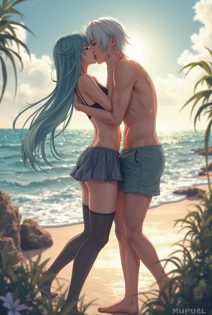 masterpiece, best quality, ultra high res, ultra-detailed, outside in a palm beach, day, daylight illumination, beautiful ocean landscape, 1 girl, slut, charlotte, blue hair, teal eyes, red lipstick, red eyeliner, dark brown skin, hairy pubic hair, gigantic tits, giant cleavage, soggy, (naked: 1.5), white high heels, horny, sexy, oily body, (charlotte is having vaginal sex on the beach with a young boy while kissing him with her tongue and having a horny dirty face: 1.6)