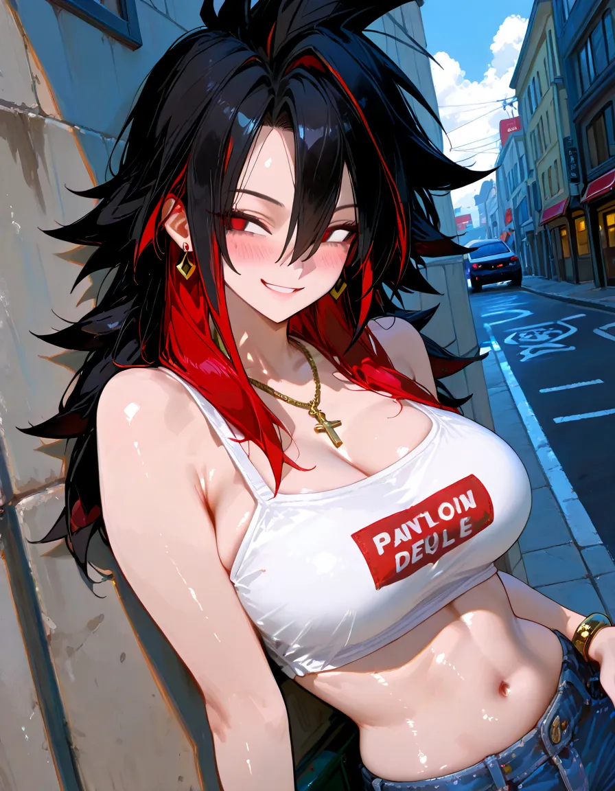 realistic, 1girl, a busty elf with black hair and brown eyes, she has big round breasts, shining eyes, black crop top with a red print, denim hot pants, colorful sneaker, parted lips, blush, Route 66, s, she is leaning against a muscle car, straight legs, bending forward, it is windy and her hair is waiving in the wind