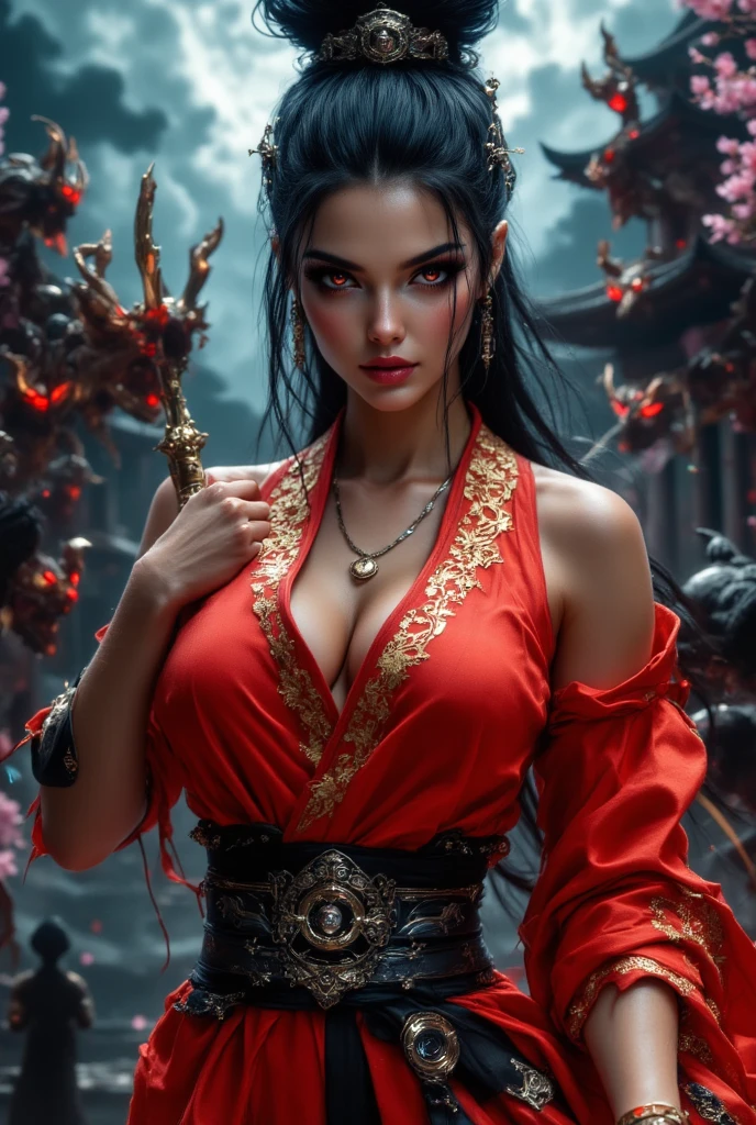minimal, A sexy woman in armor, legendary warrior , A beautiful babe, sex pose, erotic design , erotic face, erotic pose, pore black hair, small tits, big eyes, sexy eyes, body covered with tattoo, red lips, sexy lips, sexy face, erotic, erotic pose, FULL BODY, cherry blossom tree, pink leaves, high quality, beautiful graphics, high detail