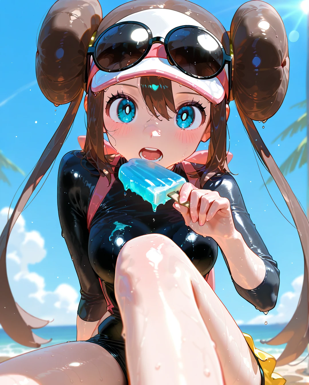 1girl、Eat ice cream、Black Hair、Pigtails、Navy blue school swimsuit、Brown Skin、Red polka dot swim ring、Black underwater goggles、deep faint light 、 detailed CG、high resolution