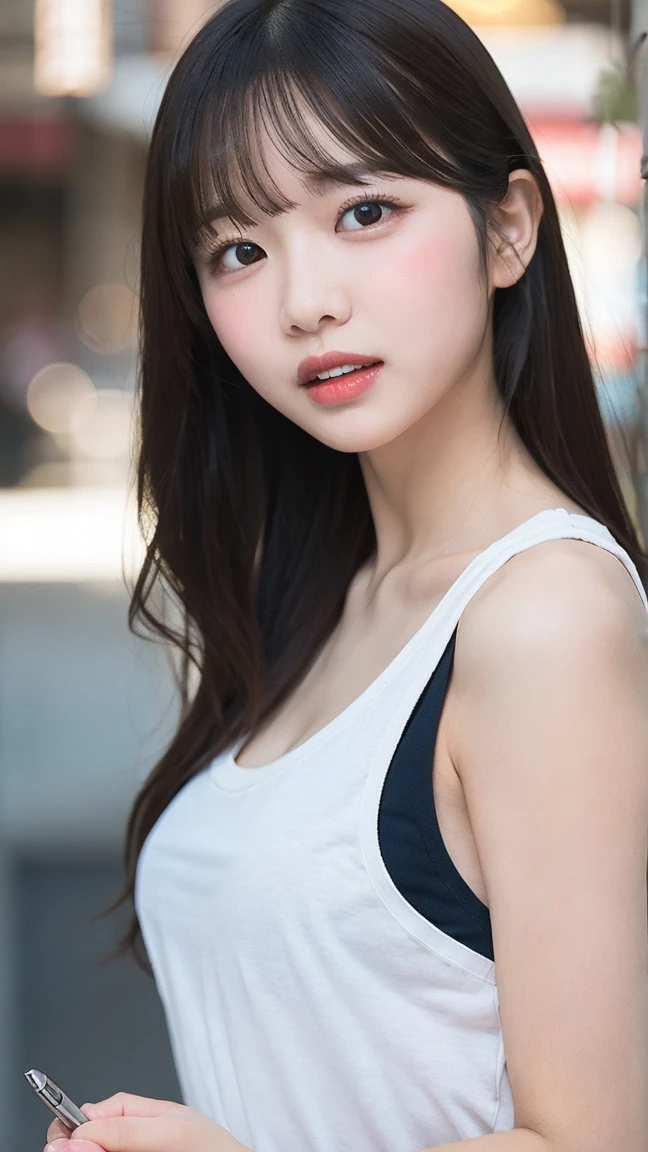 masterpiece, highest quality, 8K, 1 girl, good hand, 14, lively, Active, Life Force, Luminescent, look away, RAW photo, f/1.8, 135mm, nikon, anatomically correct, Bokeh,rough skin, professional photography, portrait, soft light, professional lighting, alone, (smile), cute, girly, film grain, (Eye and face details:1.0), 8k wallpaper, bangs, Tank top, pants, amusement park