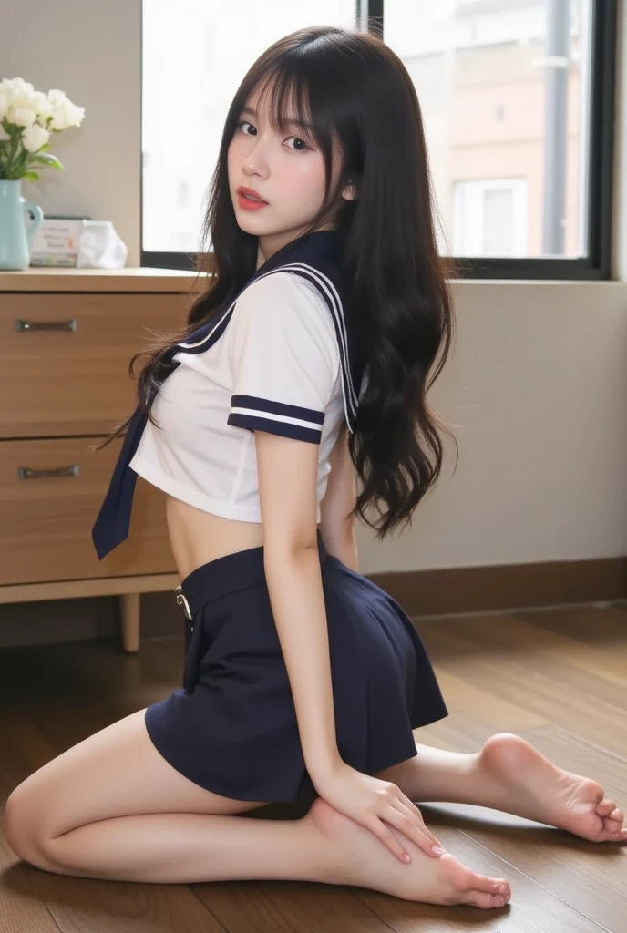 smile、((Browsing Caution))、((Camel Toe))、((Female organ:1.1))、(Highest quality、4K、8K、High resolution、masterpiece: 1.2)、Very detailed、Beautiful Japanese Girl、1 person、 (16 years old)、alone、(from the front:1.4)、(reach sexual ecstasy:1.6) 、 (Her naked lower body is exposed, Giving us a glimpse of her crotch.:1.5)、Sit at a desk、(Short-sleeved sailor uniform) 、Crotch crack、Beautiful ass、 Twin tails、In the classroom