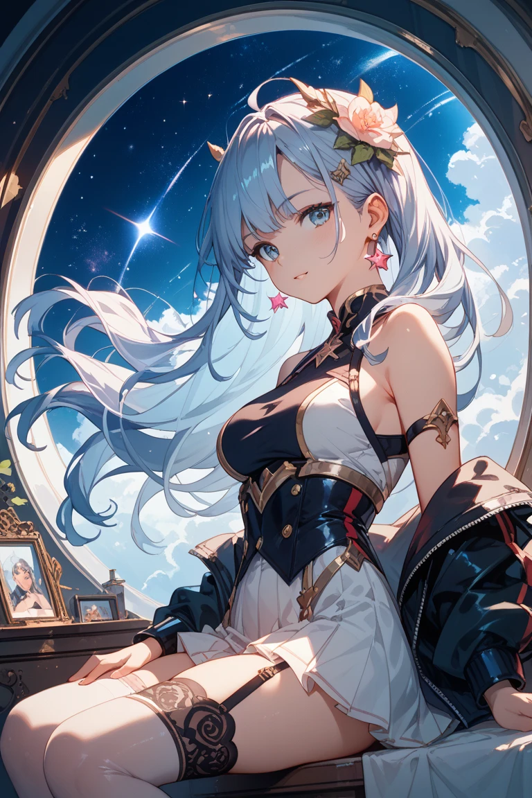 super high quality, with a girl, 20-year-old, very short hair, long bangs between the eyes, pale blue eyes , blue sky, sunlight, very detailed,(masterpiece、highest quality)、alone、gray hair、laughter、White skin as clear as snow、fantasy, silver hair, black eye, beautiful eyes,, ecstasy, charm, be smitten with audience, Fantasy landscape、evening