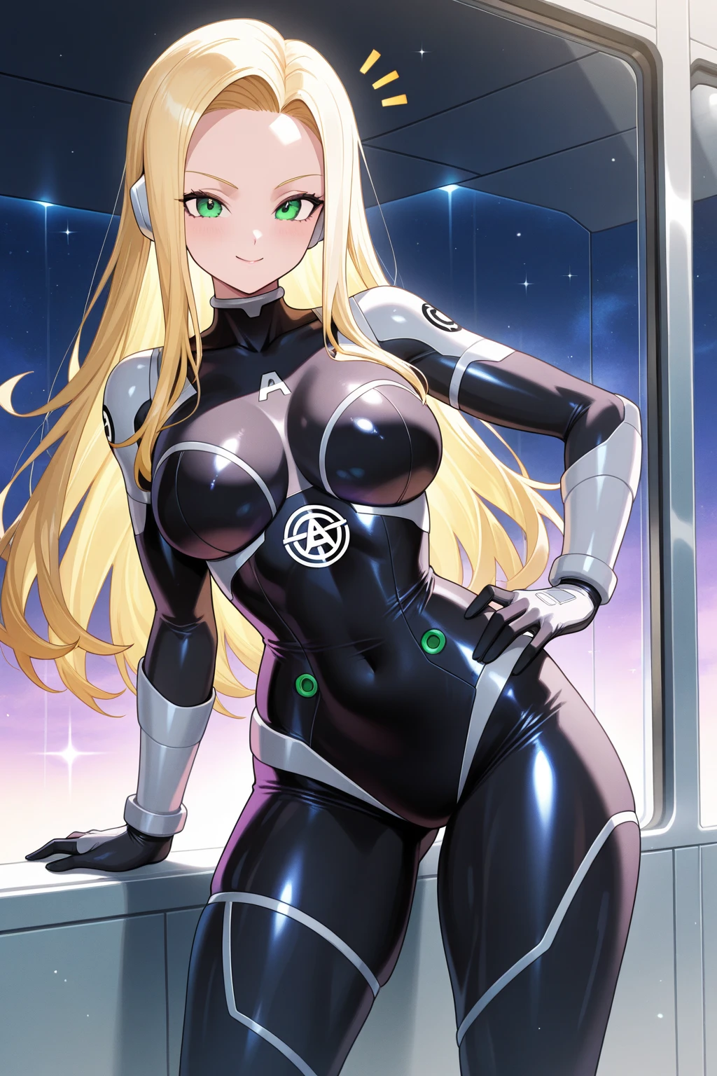1girl, blonde hair, long hair, blue eyes, serious, black bodysuit, huge breasts, breasts, thick thighs, pilot suit, futurustic, machinery, tech, science-fiction, neon trim, neon lights, bodysuit, mature female, hourglass figure, toned,