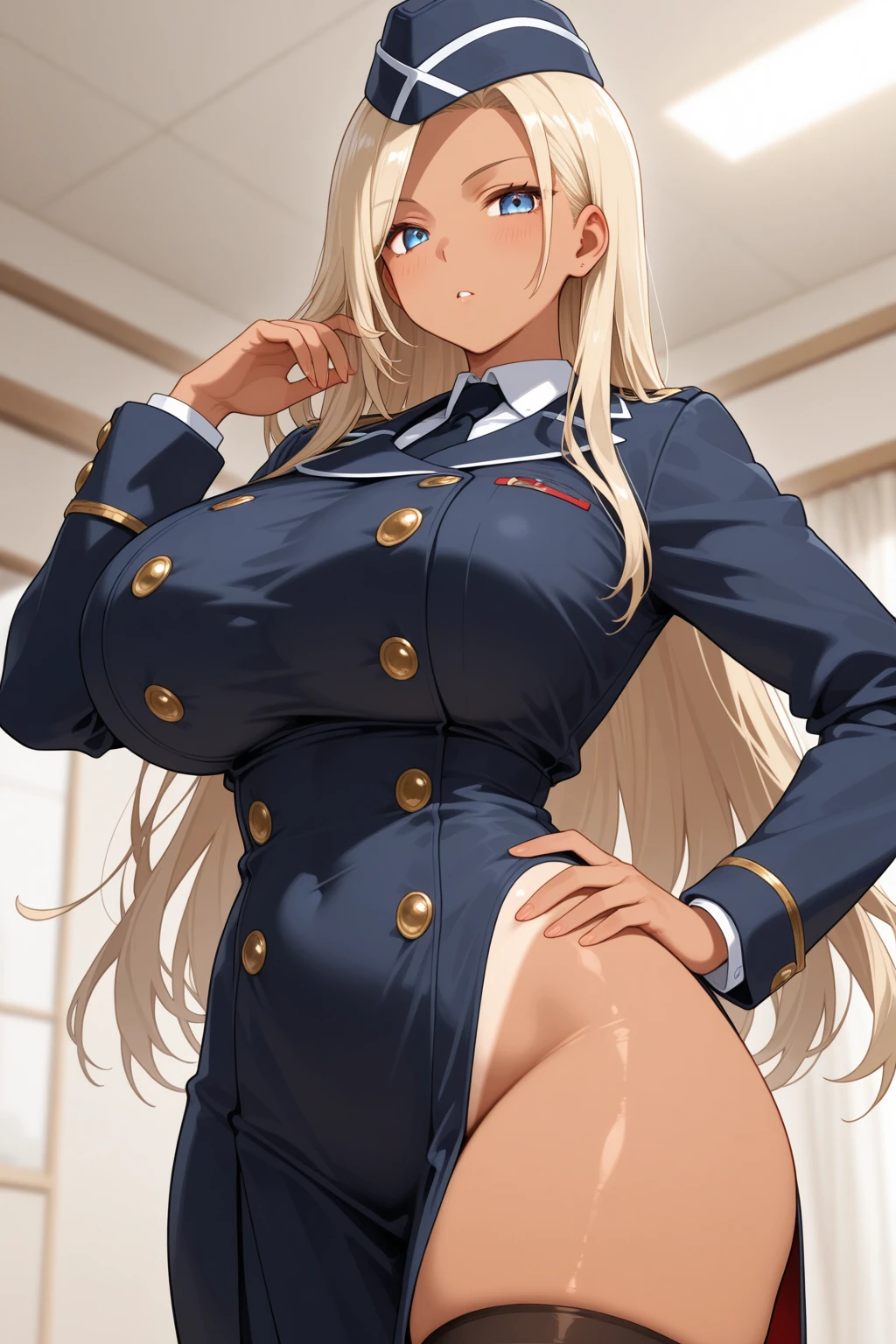 Black female with blonde hair, tem destaques rosa, usando roupas justas e sensuais, clivagem,