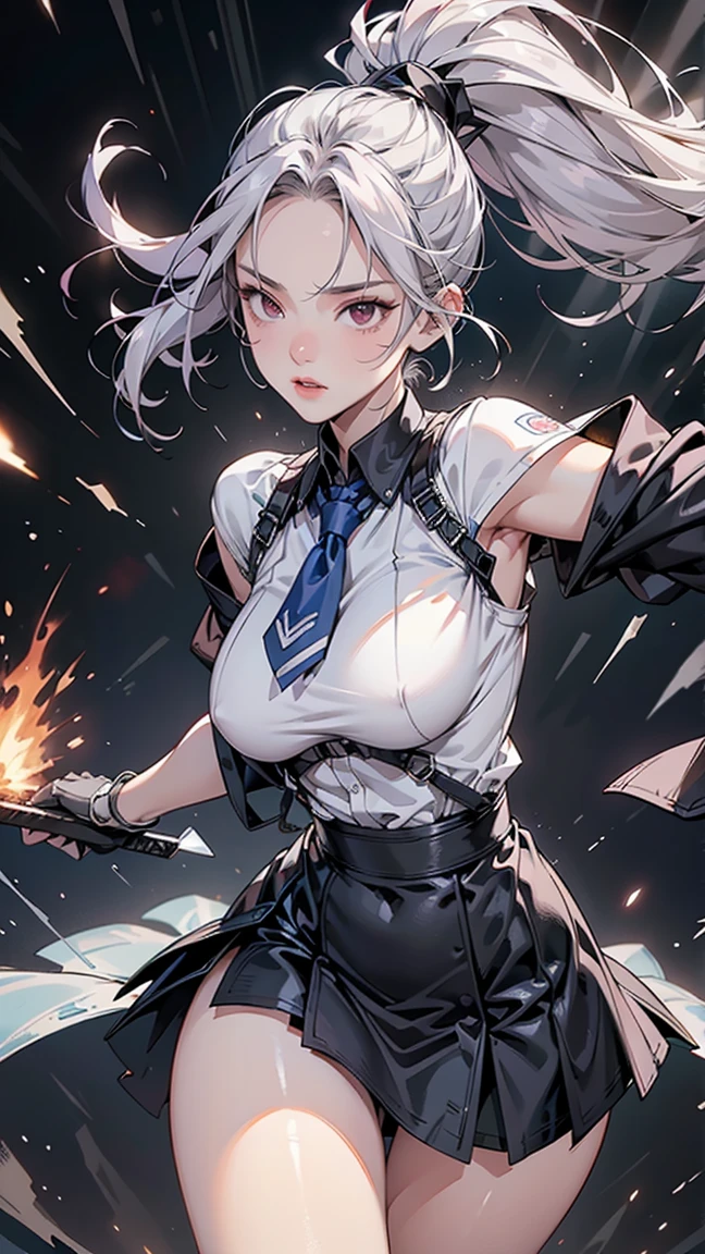 reona, (long hari, silver hair:1.5), purple hair, hair ornament, sweating, glowing eyes, heavy breathing, 1girl, breasts, (electricity:1.4), large_breasts, skirt, blurry, pleated_skirt, depth_of_field, gloves, belt, school_uniform, long_sleeves, solo, looking_at_viewer, blurry_background, necktie, glow effects, godrays, Hand drawn, render, 8k, octane render, cinema 4d, blender, dark, atmospheric 4k ultra detailed, cinematic, Sharp focus, big depth of field, Masterpiece, colors, 3d octane render, 4k, concept art, trending on artstation, hyperrealistic, Vivid colors, extremely detailed CG unity 8k wallpaper, trending on CGSociety, Intricate, High Detail, dramatic,