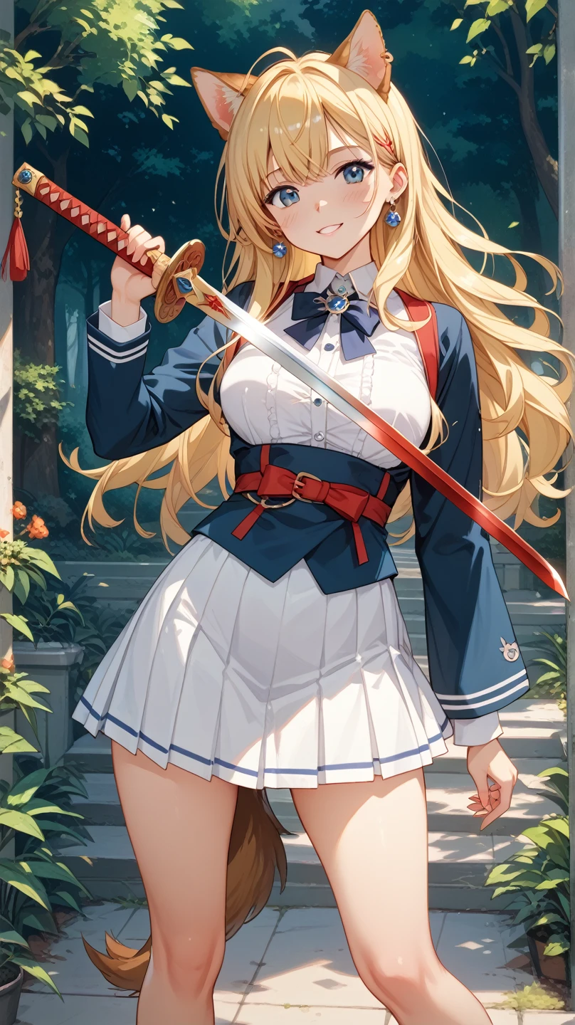 ((masterpiece,Highest quality:1.3,best quality illustration)),cowboy shot,1woman,(Mature Beauty),Female Swordsman、((very small head:1.4)),((ideal ratio body proportions:1.3)),blonde hair,(low ponytail),long hair,bangs,gorgeous eyes,Blue eyes,smile,(White T-shirt、Red pleated mini skirt),(slender body,skinny),medium breasts,gleaming skin,shiny skin,Medieval European Castles、Sword and sorcery fantasy world、