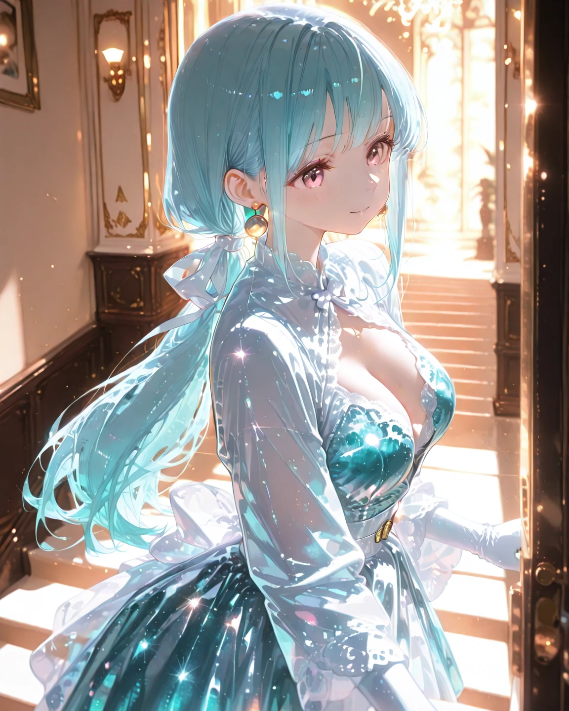 1 woman、Hair that shines like pale aquamarine、Twin-tailed、Sparkling aquamarine eyes、爆乳、Too large breasts、Seductive breasts、Lace dress、Goddess dress、Tiara of the Goddess、goddess god々Feeling、lace cape、aquamarine choker、Castle Room、Long Lace Bale、Ruffles and ribbons、A smile、The upper part of the body、A wand made of aquamarine and crystals、Wings encrusted with aquamarine