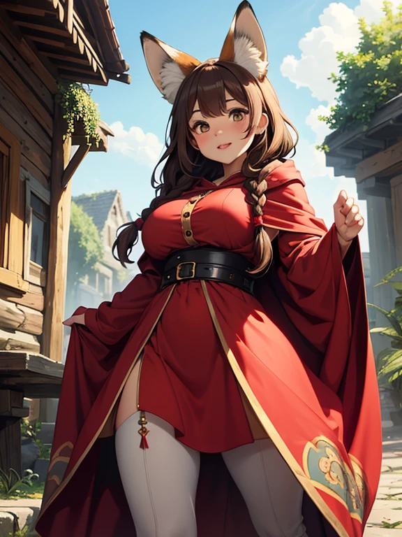 (Masterpiece, Best Quality, 1girl:1.2, 独奏:1.3), Lyubava, Stockings, cleavage, Flirting, Evil, стерва. Smile, Long hair, Green eyes, brown hair, braid, ((red cap with yellow circles)), headdress, Latex dress with red trim, white sleeves, blush stickers, freckles, Sunlight, large breasts, big thighs, thights, Dress, blue skies, green grass, action pose,