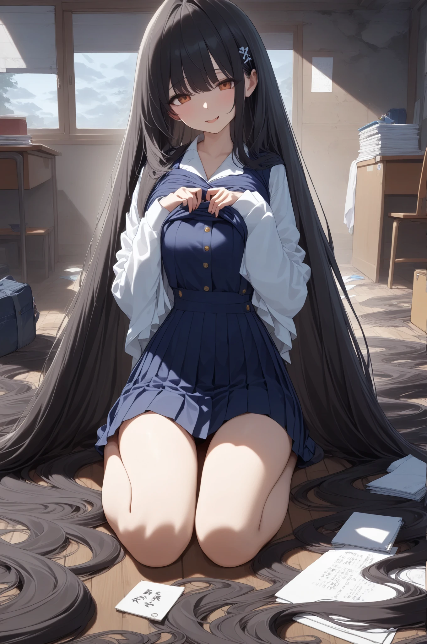 Masterpiece Top Quality High Resolution、Anna Tanaka , Long hair, Sit with your knees bent、Eight-headed body、beauty legs 、in a school、As if looking up from below、Ashamed、White lace panties、