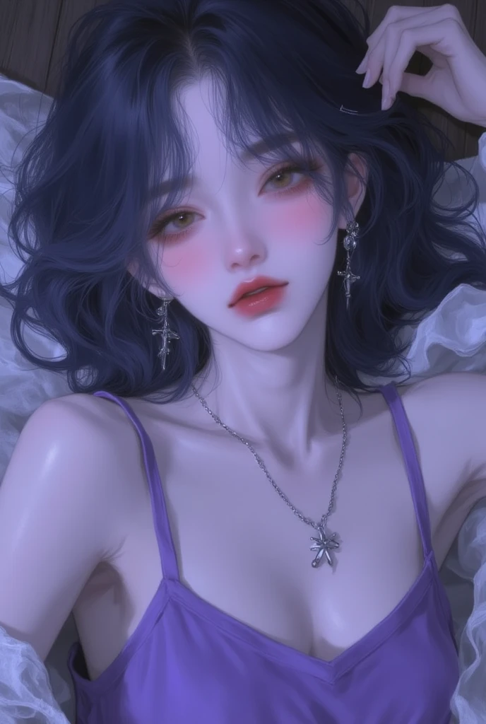 A beautiful and sexy 20 year old girl who looks like a Chinese or Vietnamese girl, ((Wearing pajamas to hide her big round breasts: 1.5)), Extremely sexy girl in a small camisole, short hair long and purple hair, the most detailed and beautiful hair jewelry, ((wearing a light purple lace necklace:1.6)), Super cute little face Extremely pretty face, thin eyebrows, flawlessly beautiful face dark spots, ((black eye pupils: 0.8)), very beautiful eyes, ((purple eyes: 1.4)), beautiful and detailed eyelashes, high nose, earrings, thin lips, plump red lips, forbidden to smile, beautiful lips, slim arms, The most beautiful thighs, ((2 arms reaching out to the sides: 1.5) ), healthy limbs, 1 hand stroking hair, rosy face, clean face, flawless beautiful face blemishes, smooth white skin, (big breasts: 1.5)), flat breasts, beautiful cleavage, ((big and super round breasts: 1.5)), ((super firm) breasts: 1.4)), ((breast augmentation: 1.6)), beautiful breasts, 2 hands behind her back, beautiful girl's upper body, 8k photo, super high quality, super realistic, 10x super pixel, real photo, dark studio, border light, two-tone light color, ( highly detailed skin: 1.2), 8k ultra, soft light, high quality, volumetric light, realistic, Photo, high resolution, light, best photo, 4k quality, 8k, effect blur effect, Smooth and sharp, 10x pixels, (galaxy: 1.7), aurora, lightning, surreal graphics, most realistic graphics, alone, solo, Extremely sharp, surreal images, ( (frontal portrait: 1.2))." The whole body is turned about 30 degrees, the face is facing forward. 1 tay vuốt mái tóc