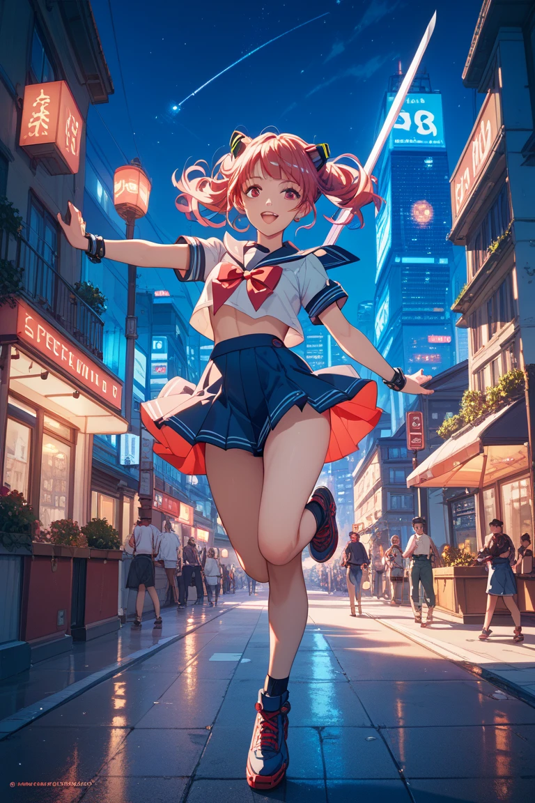 Anime girl aged 25+, cold weather, snowing, Japanese style, your beautiful face. Sparkling blue eyes Beautiful long dark pink hair Wearing sneakers and a large-breasted sleeveless shirt while standing in the middle of the city, a busy street, wearing a scarf, pretty fingers, pink lips, a sky full of stars at night.
High resolution 4k, sharp images, Full HD level, 8K, sharp details, beautiful images.