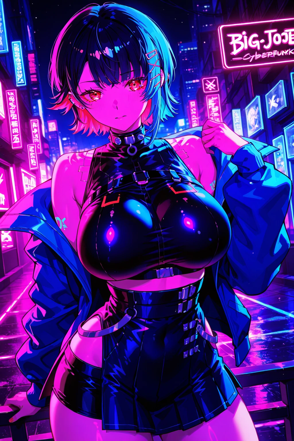 anime style, movieポートレート写真, 1 female, 22 years ago, Full body Esbian,Blue eyes background, big and full breasts, anger, (scarlet colored hair), long hair, purple eyes, wearing a short black dress, (natural skin texture vivid details, surreal, (realistic detailed eyes, natural skin texture, realistic facial details), soft and dramatic lighting, written boundary depth, Bokeh, vivid details, surreal, 35mm movie, hazy blur, movie,lipstick, ear piercing, eye shadow, hoop earrings, Red-pink lips, multicolo red eyes, purple theme,,Wear a rainbow-colored aura,beautiful eyes,stand in front of the red gate、shrine,Jingumae,bold pose、decide on a pose,short hair
