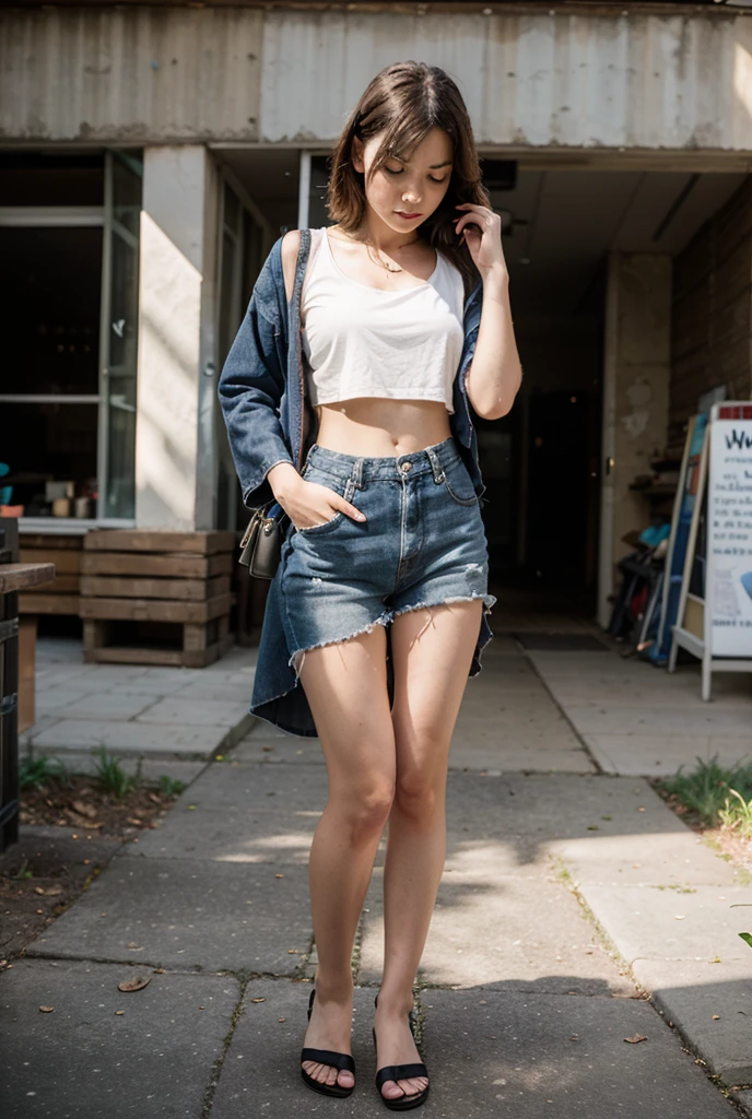 the front view of a japanese woman,street area,telephone poles,garbage collection center under the telephone pole, Japanese girl,Slender body,large hip, BREAK (wearing light gray hoodie),(open hoodie), BREAK (wearing ripped denim shorts), black long flipped hair with blunt bangs, sandals,panty line, (no bra),smile,(one nipple slip), early morning,i carry a garbage bag,high resolution,standing in front of the trash can,put garbage in the trash can,shooting through the trash can,(from head to knee shot),leaning forward,(from above),looking at another,