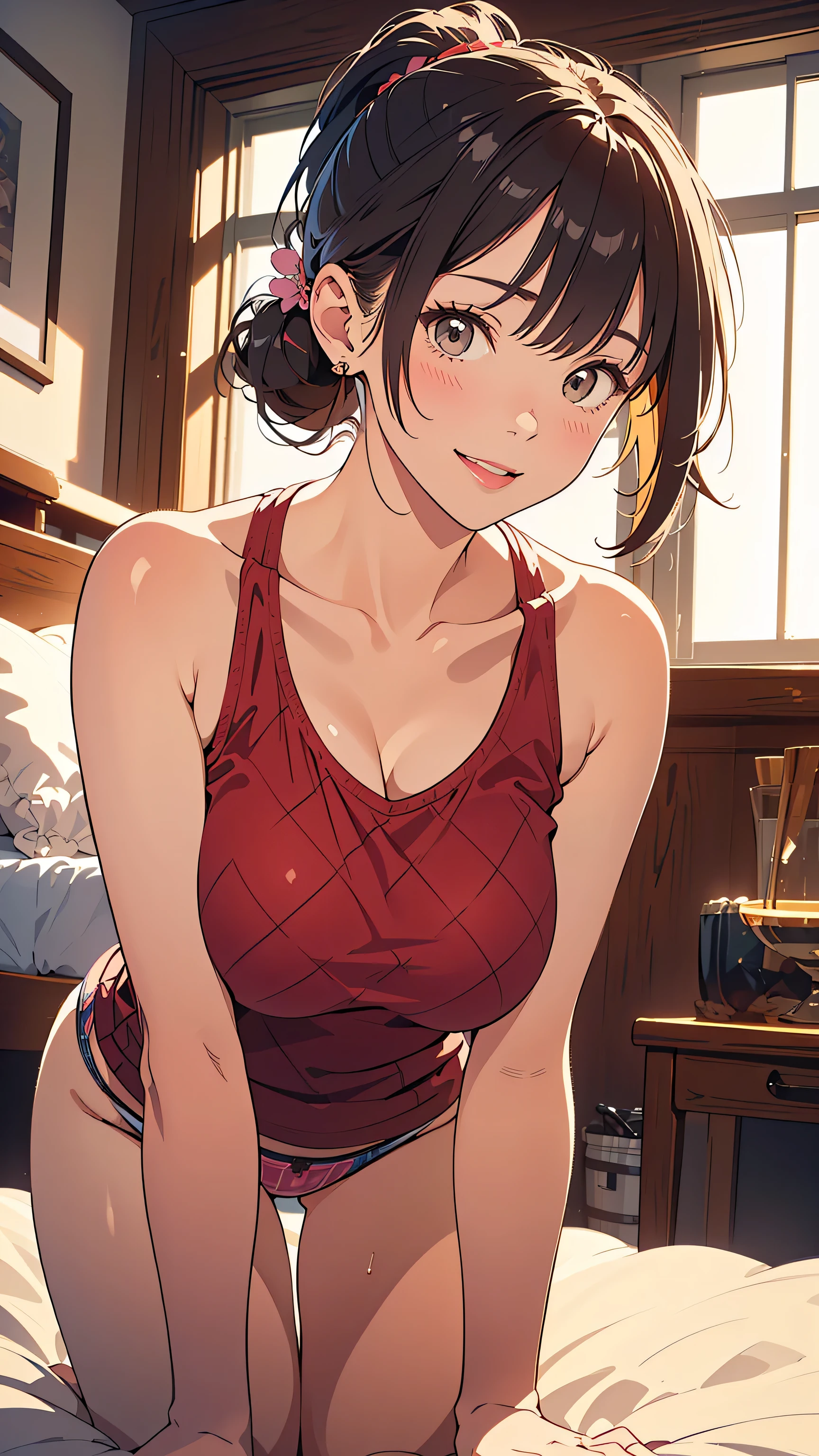 masterpiece,highest quality, Ultra-high resolution,(Beautiful woman:1.2), cute, cute face, (Natural skin texture, Realistic Skin), (Upward-facing chest, Beautiful big boobs:1.3),(blush, Happy:1.2),(enjoy:1.2), (Black Hair:1), (short low ponytail:1.2), Medium Hair, Sexy mole around mouth, Wet lips, (erupt:1.4), (Squint your eyes:1.4) ,Smiling face, ((random color, Tank top)), short pants, Turned up shirt, kawaii , her room, Side angle, Realistic Background, Full body photo,