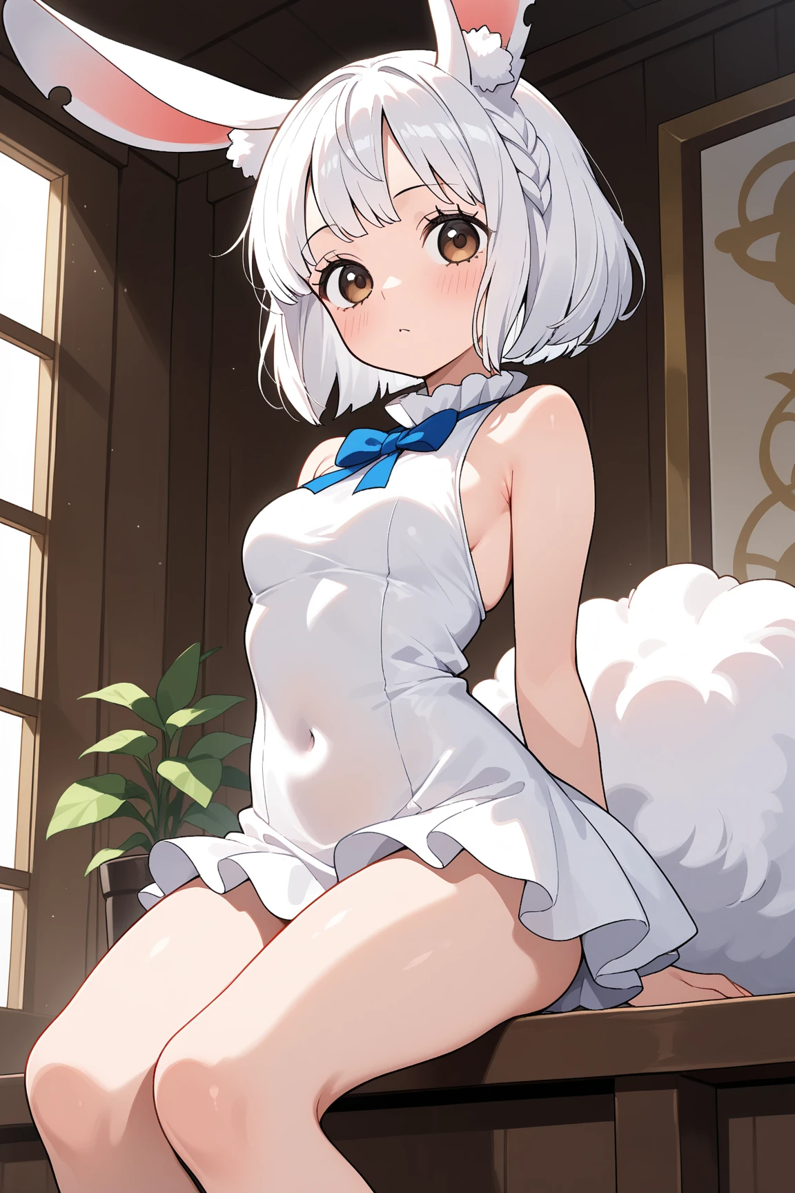 ​masterpiece、hightquality、top-quality、Beautiful fece、hard disk、Perfect litthing、A detailed face、Detailed body、Female 1 Person、独奏、(White hair)、Light blue eyes、((White lingerie with ruffles))、((all-fours)) a bed)、sexy  pose、Skinny Legs、Sexy face、(red blush)、Happiness、Perspective from behind、Captivate your audience、Innocent look、Cat ear headband、poneyTail、Lust、Look back、cat tail on the hip