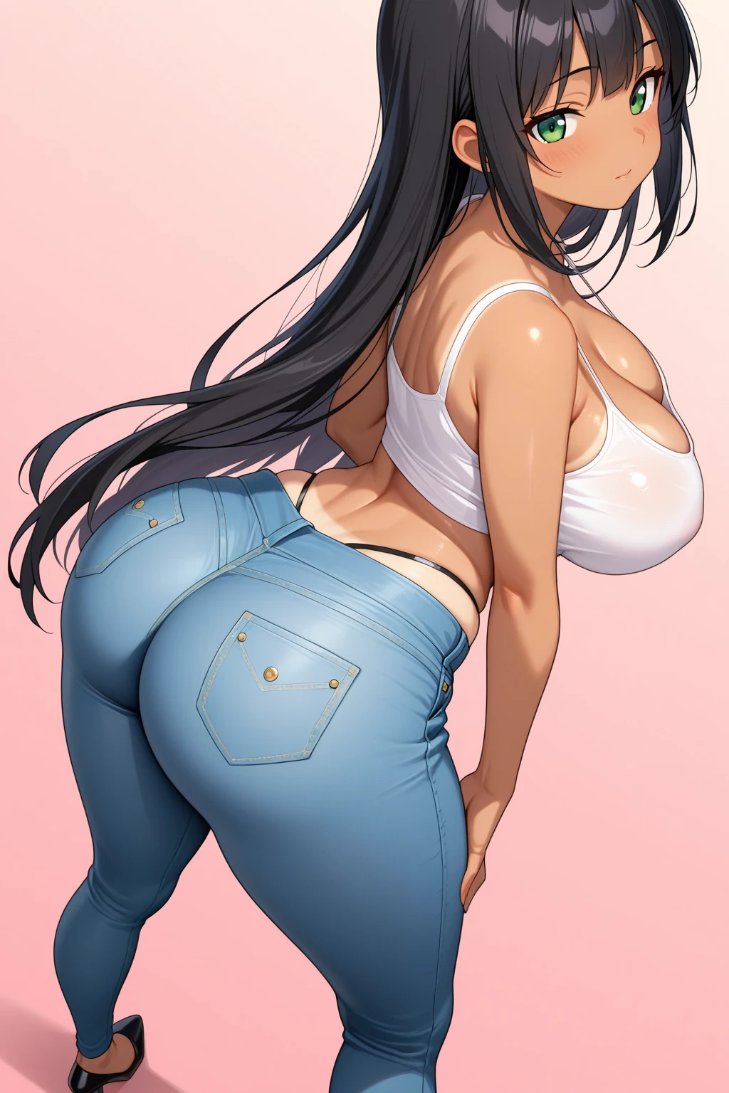 1woman,solo,milf,mature female,medium long hair,black hair,asymmetrical bangs,black eyes,plump,large breasts, oversized_white_t-shirt,(red_bra_under_shirt:0.6),bra_visible_through_clothes,skin-tight_denim-pants,standing,leaning_forward,bare_one_shoulder,looking_back,surprise:0.6,blush:0.6,open_mouth,back,from_behind,from_below,hip_focus:1.4,fisheye,