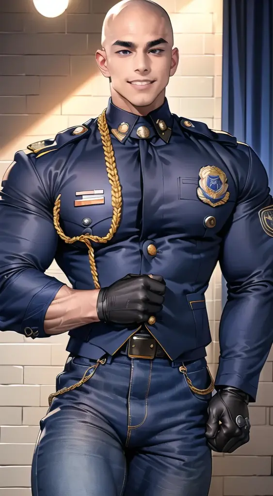 1 man,(Skinheads hairstyles) ,black eye,(Wear jacket  navy with a police badge.:1.3),(fit neck),Navy blue jeans,(black_gloves), Korean guy,chest muscles,large arm muscles,blood vessel,Big muscles,Broad shoulders, smile, middle of the road,(full_shot:1.6), (server room:1.6)