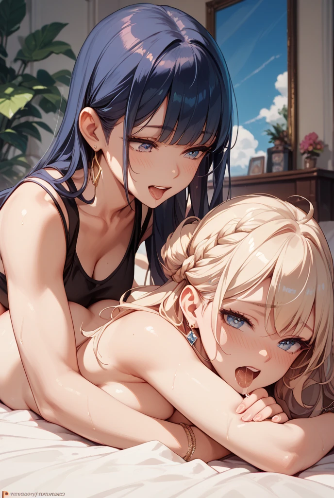 ((masterpiece, best quality, ultra quality, high quality, hyper detailed, intricate detailed, perfect ???????, shiny skin)), ((upper body:1.2)), (three women are posing for a camera:1.4), (indoors, bed, pillow:1.2), (Lift up your camisole), (full nude:1.4), (smile, shy, red cheek, blush:1.2), (Open your mouth:1.6), (Stand in line) , brown hair, blond hair, navel, jewelry, looking at viewer, necklace, long hair, short hair, Abdominal muscles,  straight hair, bob cut, blunt bangs, silky hair, hair clip, hair band, hair ribbon, one-length haircut, ducktail, outward curled hair, French twist hair, twintails, side ponytail, single braid, wavy hair,
