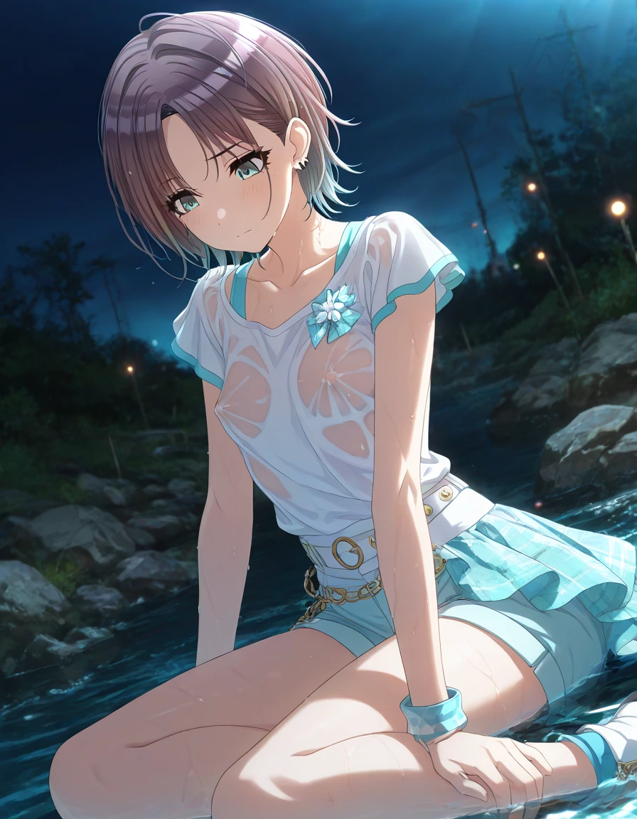 Lirilkaード, Lirilka, Animal ears, (Brown eyes:1.7), Brown Hair, (Flat Chest:1.2), happy smile, smile, Open your mouth,Sweat,Wet clothes,Wet Hair,Wet Skin,short hair,White Tank Top,Belly button,Shorts,gardenで水遊びしている,barefoot,生足 break looking at viewer, whole body, break outdoors ,garden,Home, break (masterpiece:1.2), Highest quality, High resolution, unity 8k wallpaper, (shape:0.8), (Beautiful and beautiful eyes:1.6), Highly detailed face, Perfect lighting, Highly detailed CG, (Perfect hands, Perfect Anatomy),