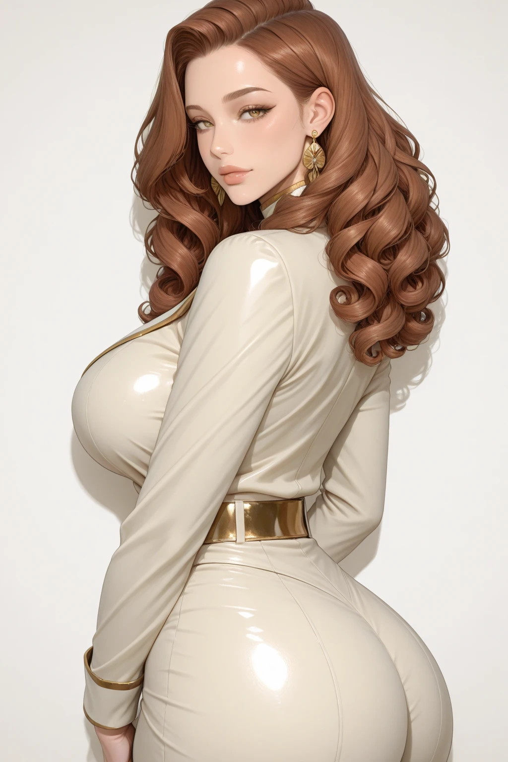 Best quality, 8K, woman, beautiful and detailed face, blod curly long hair, big eyelashes,LOOKING TO observer,beige bodystocking, black belt,SPACESHIP scenario