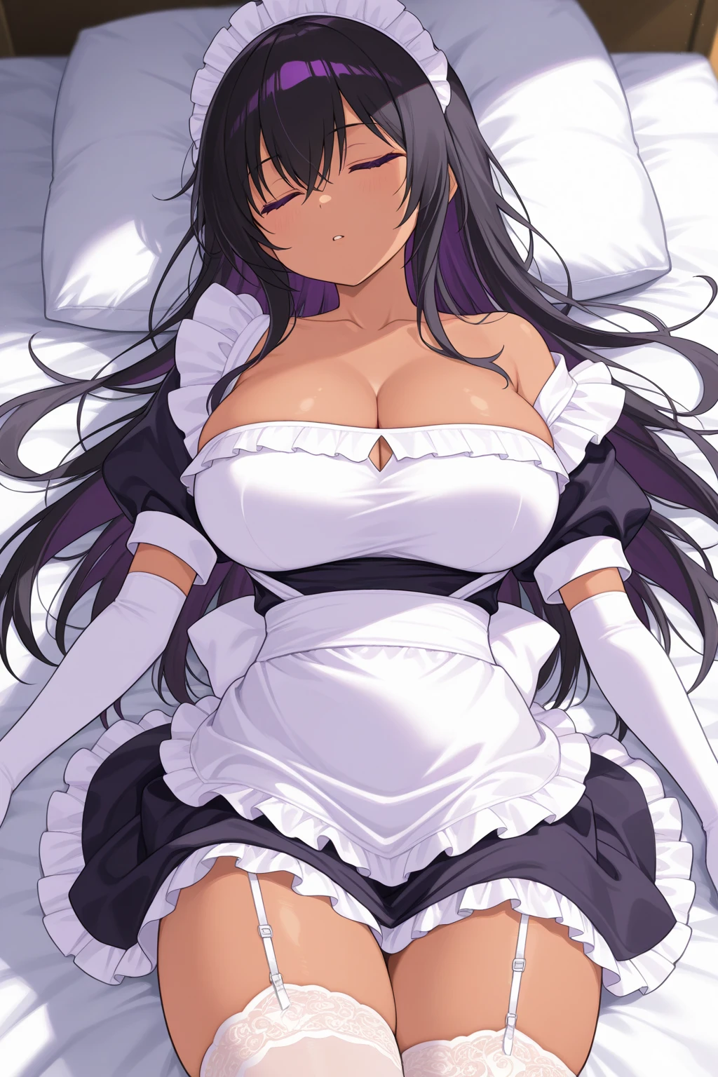 <lora:indomitable_v2.0:0.8>,indomitable\(azur lane\), maid_headdress, maid_apron,white_legwear,skirt, underboob,ass,lying,, masterpiece, best quality, extremely detailed face, sharp details, high contrast,
