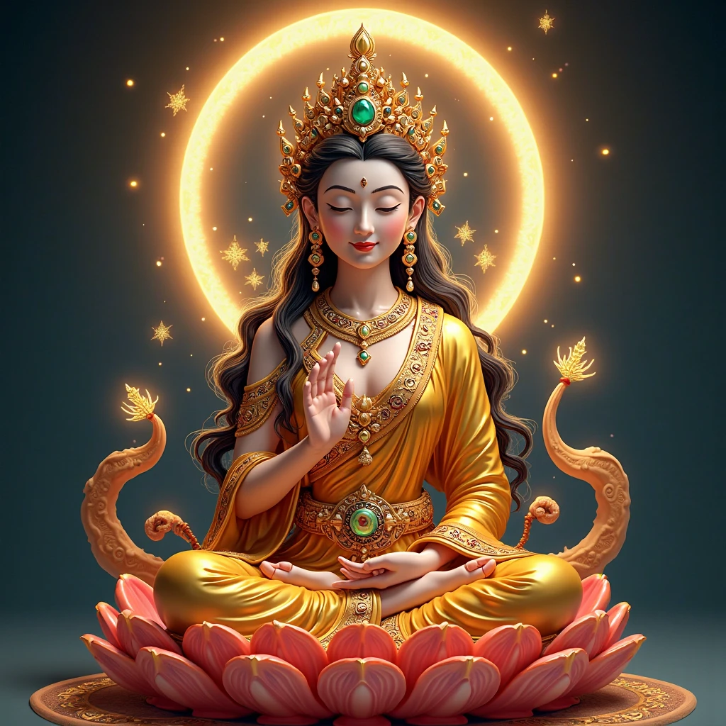 Beautiful green Tara skin is green，sitting on a lotus flower，Cross one leg， (((Body skin is green)))，Delicate，Bright big eyes look at the audience，Long time brilliant，hand seal，Hold the flower in your right hand and hold it up，The left hand is a mudra with the palm facing outward，Complete foot structure，Barefoot，The sky behind the head has a circular circle of light，Light，Bodhisattva sitting，（primitive：1.2），（realisticlying：1.4），（Sharpness：1.2），16 yaers old，(((body high：1.5))),（（Gemstones refract dazzling light）），（（middlebreast：1）），（Abs：0.7），（glute：1.2），(healthy-looking skin， Thin skin， seductiveexpression， 二重まぶた，Jelly textured lips， Glowing lips，Small upturned lips，Shiny skin，(((Flawless skin texture)))，Real pores，ctextured skin，choker necklace，Wear a lot of yingluo，（Wear gemstones，pearls，hisui，amber，），（（Gorgeous and exquisite crown，gemstone setting）），（Dynamic hair，long whitr hair，Beaded hairpins，Nobile，Delicate skin texture），Glossy glossy skin，Glowing skin，Radiant hair，The head is illuminated with an aperture，The body shines， High quality detailing， Cinematic lighting，,absurderes, unbelievable Ridiculous, hugefilesize, ultra - detailed, A high resolution, The is very detailed，best qualtiy，tmasterpiece，illustratio，The is very detailed，CG，unified，8k 壁纸，Amazing Cleavage，finely detailled，tmasterpiece，(((dynamicposes)))，((Correct anatomy)),(((Correct dissection))，indian goddess of wealth，