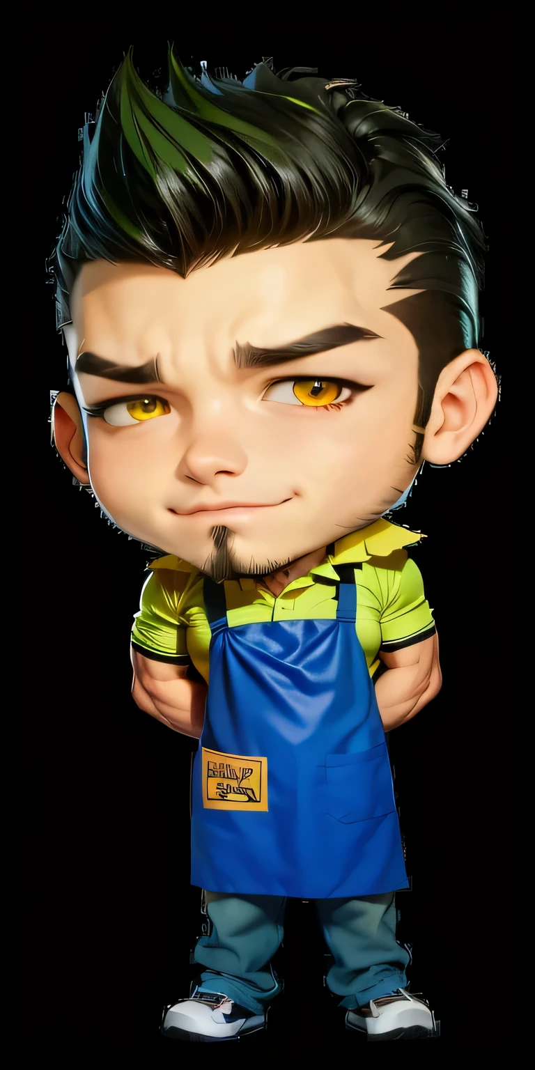handsome and muscle manly salesperson with golden color lion's eyes and bright and sharp manly piercing Asian eyes eyes. He has dark short hair and short pompadour hairstyle. He has hairy eyebrows and hairy beard on his all chin. He is wearing a fluorescent green polo shirt uniform and a dark blue work apron but you can still see his muscular body.