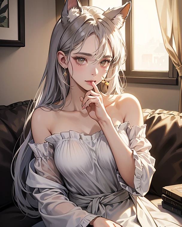Best quality, tmasterpiece, A 40-year-old woman with long silver-white hair, Dignified temperament, Wear a long white dress, The expression is angry, sitting in the couch