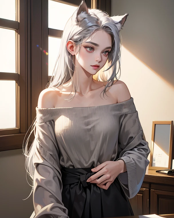 ((masterpiece:1.5、8k、Portraiture、Photorealistic and very detailed CG、Very detailed、Particle Effects、Dynamic Effects、Shallow depth of field、Cinematic Light、Lens flare、Ray Tracing、Tabletop、Realistic:1.4、Ultra-high resolution:1.2、Realistic、Realistic))((alone、,A woman wearing a cashmere coat over an off-the-shoulder dress:1.4、wear a long scarf、Elegant woman posing、Detailed face、brightexpression、young, bright, Whiter skin、Ample breasts、Best Looks、Ultimate beauty、Shiny silver hair with highlights、bright and shiny hair,、Super long, Silky straight hair、Hair dancing in the wind))(morning、indoors, winter, fireplace、Sitting)
