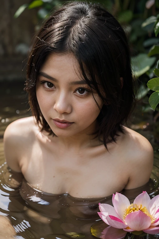 best quality, master part, super high resolution, a super model soaking in a hot spring in Japan, fonte termal ao ar livre, fonte termal de pedra, surrounded by moss and trees, cara super bonita, corpo puro, visible clear pores, (sorrir:0.8), using division (Lace headband:1.2), (realismo:1.5), foto original, corpo encharcado, coberto de suor, bareshoulders, No escuro, Sombras profundas, discreto, luz fria