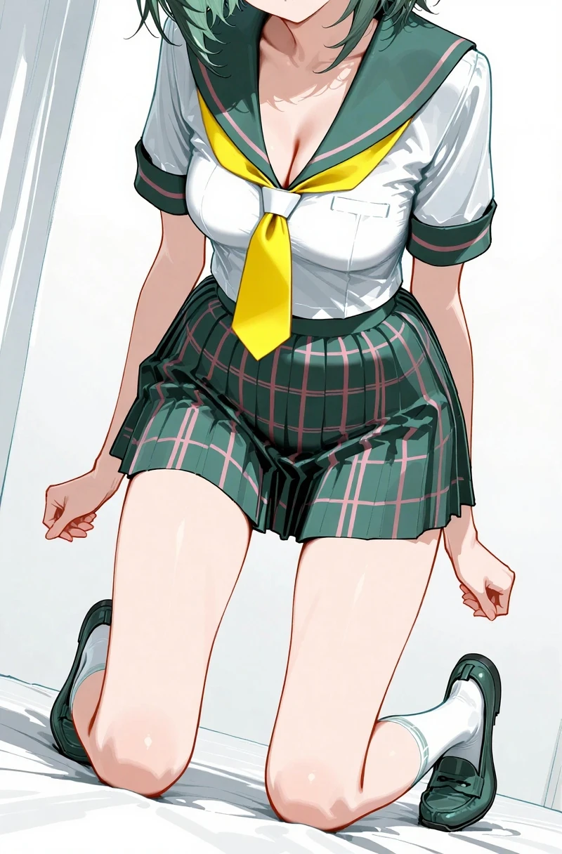 (white background:1.0), (best quality:1.0), (masterpiece:1.0), (super fine illustration:1.0), (beautiful artwork:1.0), (anime screencap:1.0), (official art:1.0), (lift up one's skirt:1.0), (detailed cotton panties:1.0), (solo:1.0), (a 18yo cute girl:1.0), (long skirt:1.0), (gray skirt:1.0), (pleated skirt:1.0), (khaki knit vest:1.0), (white long sleeve collared shirt:1.0), (dark blue necktie:1.0), (loafers:1.0), (black socks:1.0), (ideal ratio body proportions:1.0), (lanky:1.0), (tall:1.0), (slender:1.0), (small breasts:1.0), (smaller face:1.0), (freckles:1.0), (cheerful:1.0), (detailed beautiful eyes:1.0), (detailed beautiful face:1.0), (glowing black eyes:1.0), (very short hair:1.0), (swept bangs:1.0), (black hair:1.0), (standing:1.0), (looking at viewer:1.0)