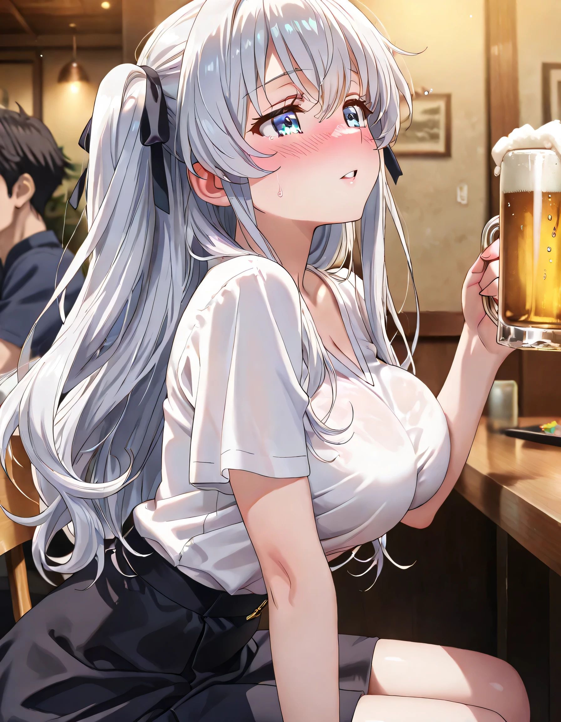 This illustration depicts a cute girl drinking beer at an izakaya.. She is holding a glass of beer、His eyes are shining. The interior of the restaurant is like a traditional izakaya.,Dress code: casual office wear. but, The most notable is "The last mysterious high-energy object" She emits. This energy body was released from her body.、It has the power to make all the trash in the store disappear.. A faint light in the corner of the room々Reach. A girl with a satisfied look is sitting by the window. It&#39;s evening, Change clothes after work.
