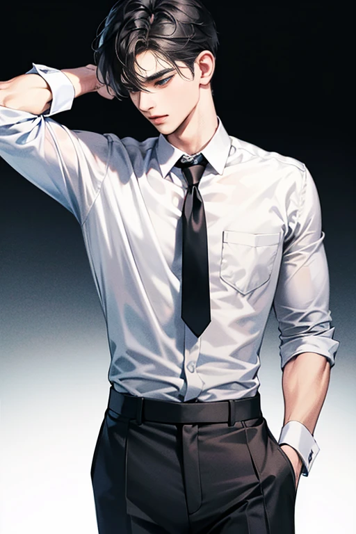black hair boy, blue eyes, muscular, hot and sexy sweaty body, wearing elegant white shirt, tie, black pantaloon
