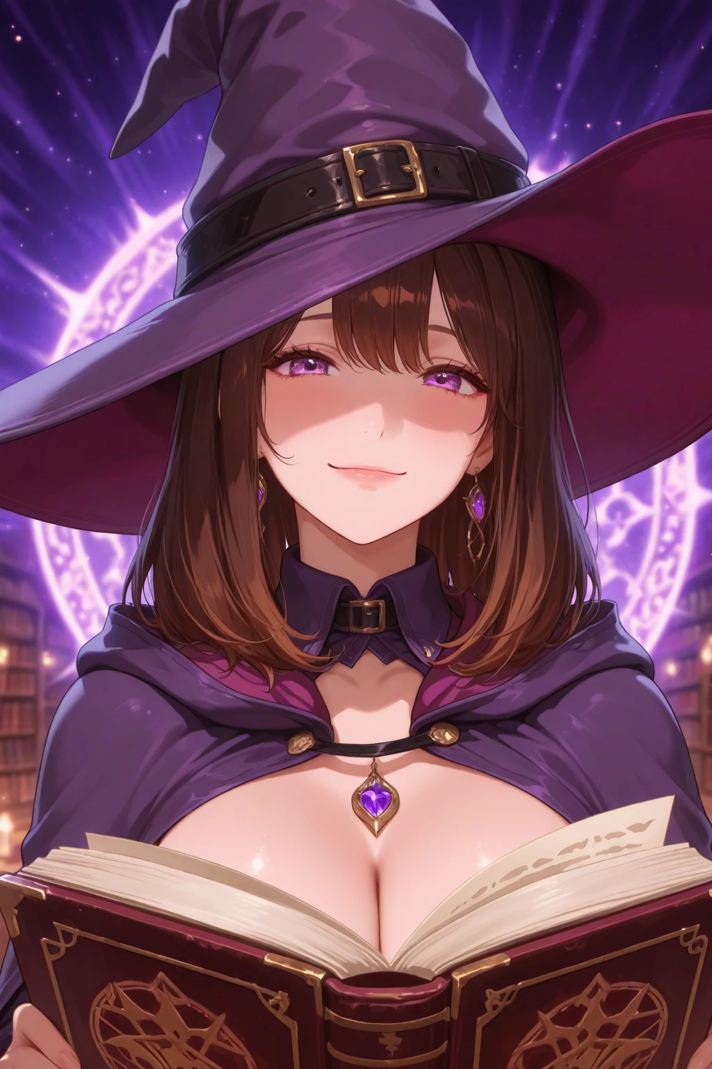 (Masterpiece, Best Quality)Girl with big breasts,witchy,long red hair and eyes,diamond-shaped pupil, Medieval dress, Smiling,holding a stack of books in his hands