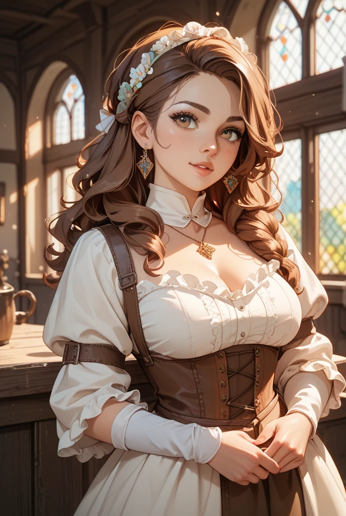 masterpiece, highest quality, realistic, subsurface scattering, chromatic lighting,
22yo girl, beautiful body, (long brown hair), (Steampunk Corset Dress Brown Corset Suit), green eyes,
forest, night, (shed in the background)