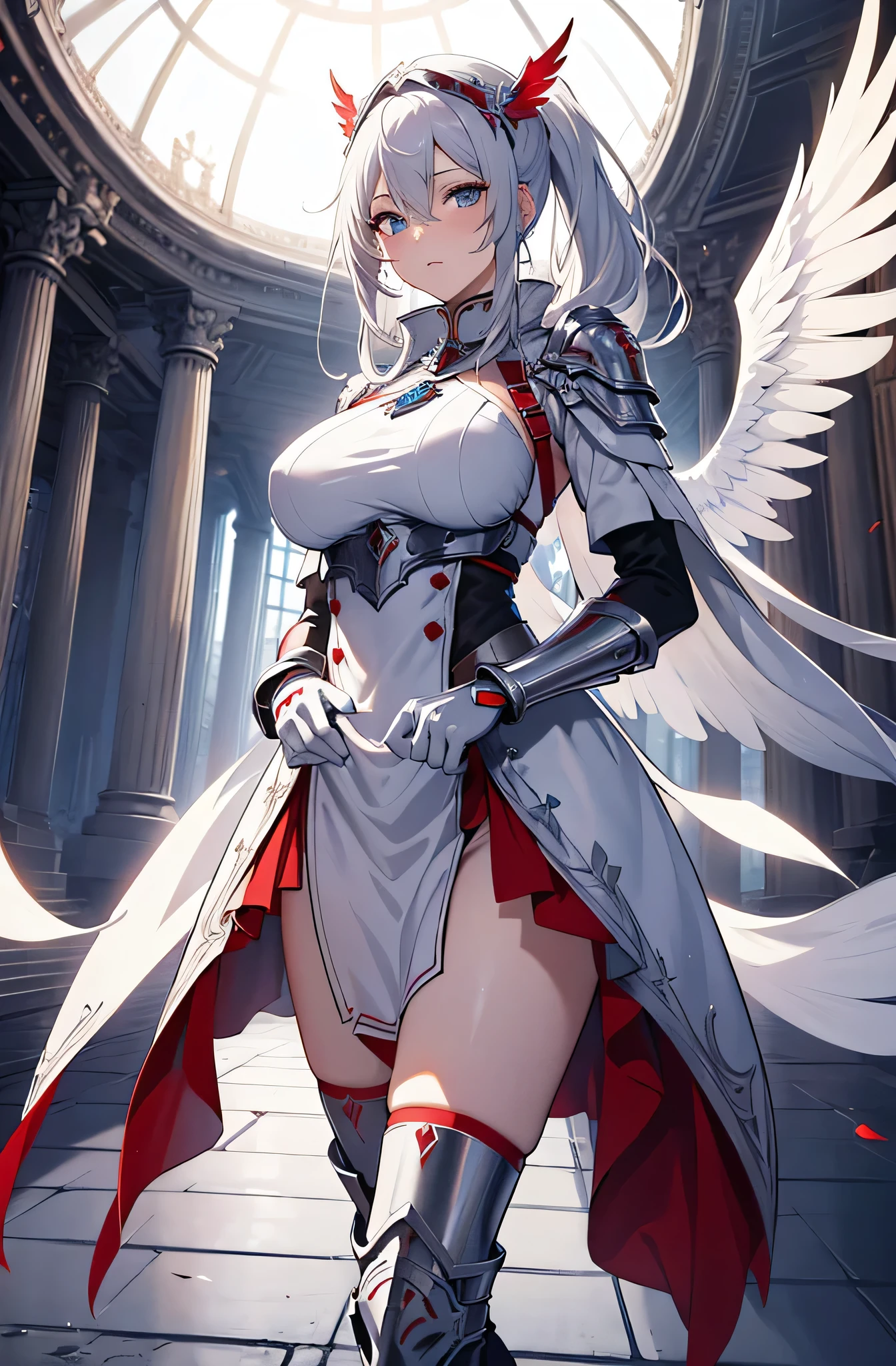 (chest covered)(smile)Gray skin, pale golden hair and violet eyes. huge_knockers, full body standing symmetrical lustful smirking smile face red blush