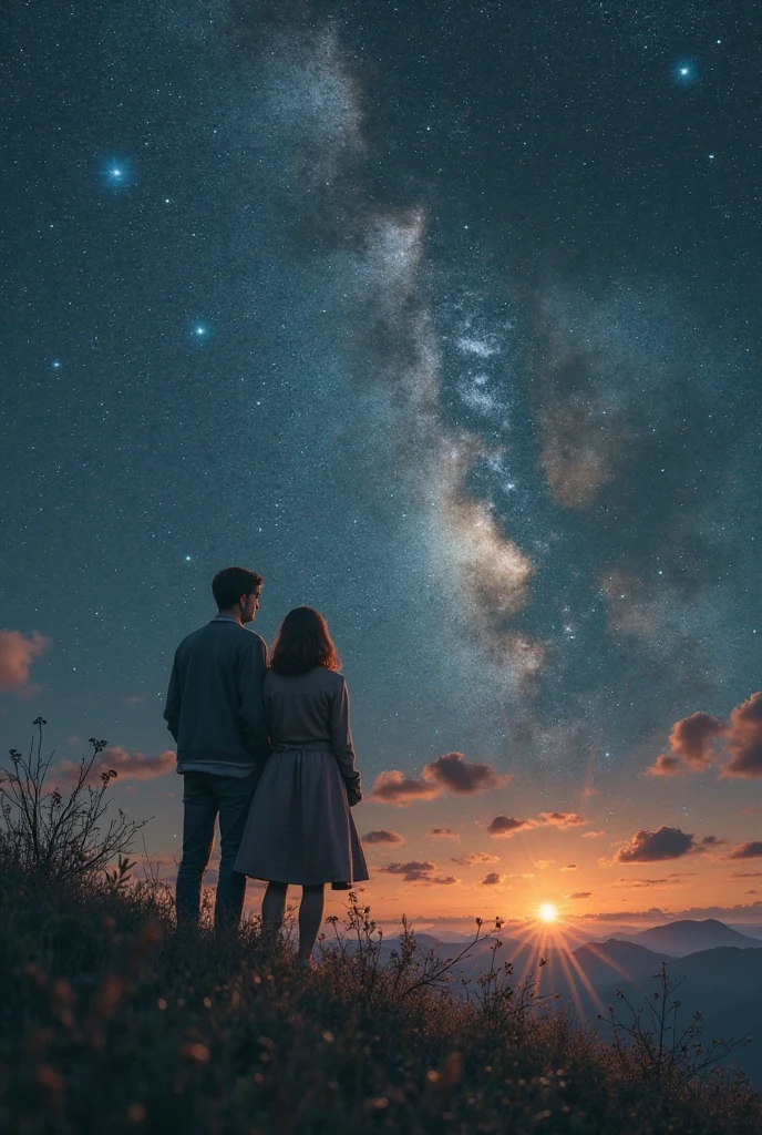 lovers on a bench placed on a small globe observing the universe. Photo from the back, they as a contour, in the background nebula, stars, the milky way. --ar 9:16 --stylize 750