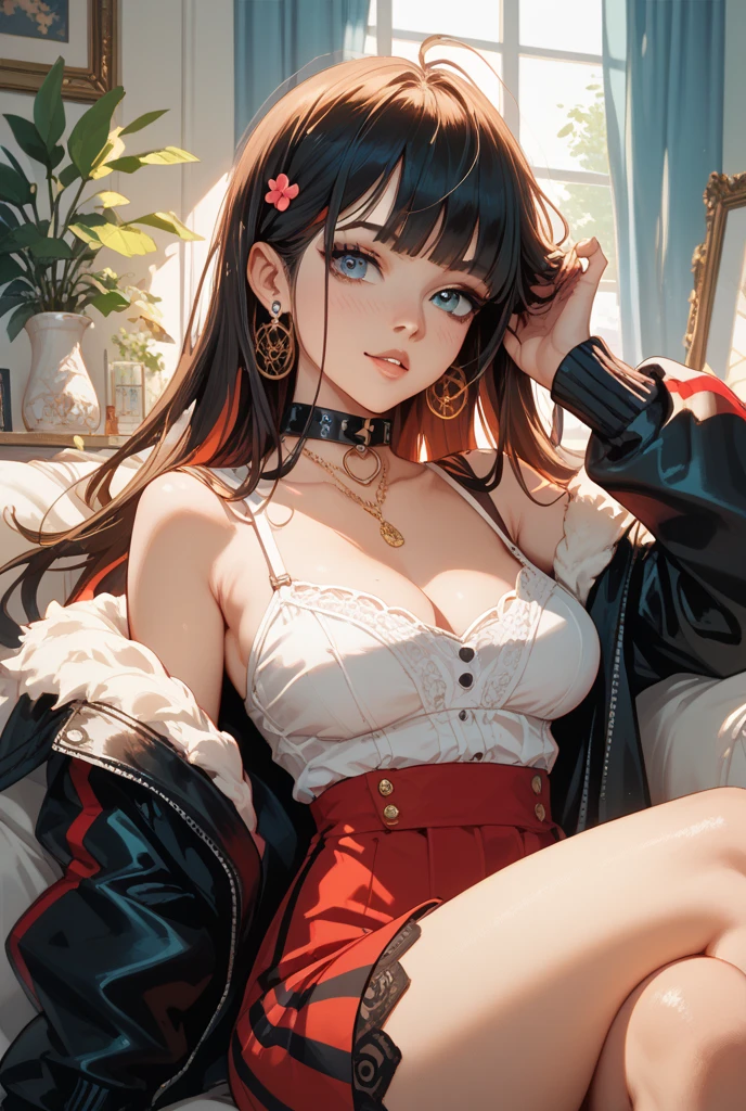 randome pose,1girll,Flirting,Beautiful,cparted lips,hentail realism,A photograph_\(mediating\),soio,(Masterpiece),(hentail realism:1.3),The ultra-detailliert,(high definition skin:1.2),(Best quality:1.0), (超高分辨率:1.0), (Ulzzang-6500:0.3), beautiful and clear eyes, Delicate necklace,Sunshine, (The delicate makeup is beautiful), (Sexually aroused blush, rough breath,:1.0) , (Soft hand kit: 0.5), Mix 4, s whole body, Red leather coat，Plain white background，The upper part of the body