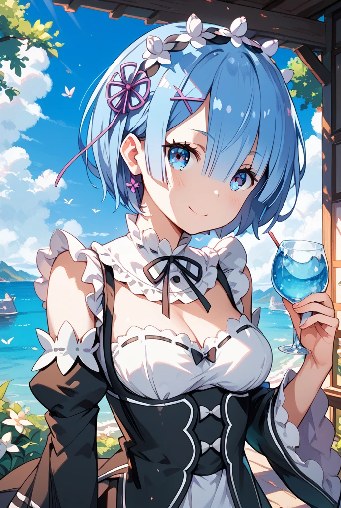 (Masterpiece), (Best Quality), Official Art, One Little Girl, Loli with Pale Light Blue Hair, One Piece, Sleeveless, Small Breasts, Cleavage, Absolute Realm, Blue Sky and Meadow